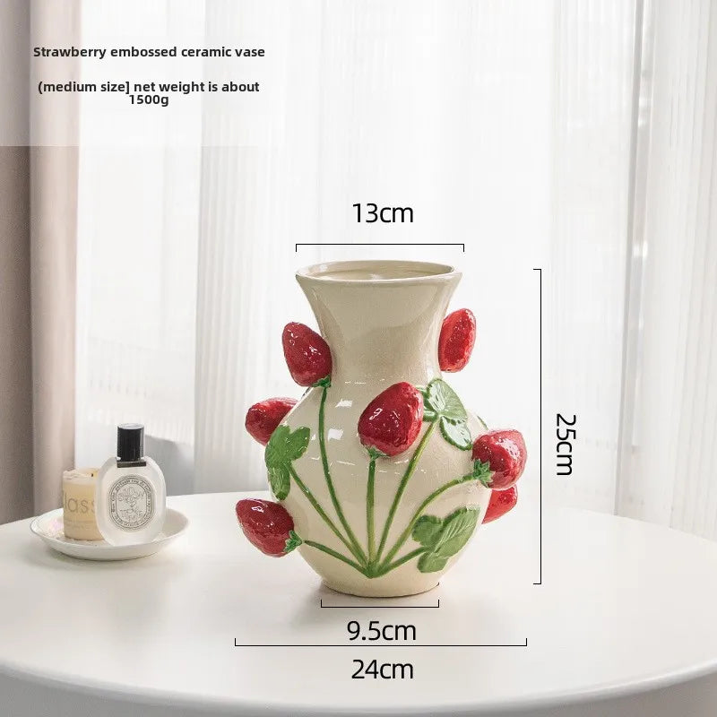 Emboss Strawberry Vase Ceramic Vase Children's Room Artifact Floral Accessories Fruit Pot Flowerpot Home Decoration Accessories