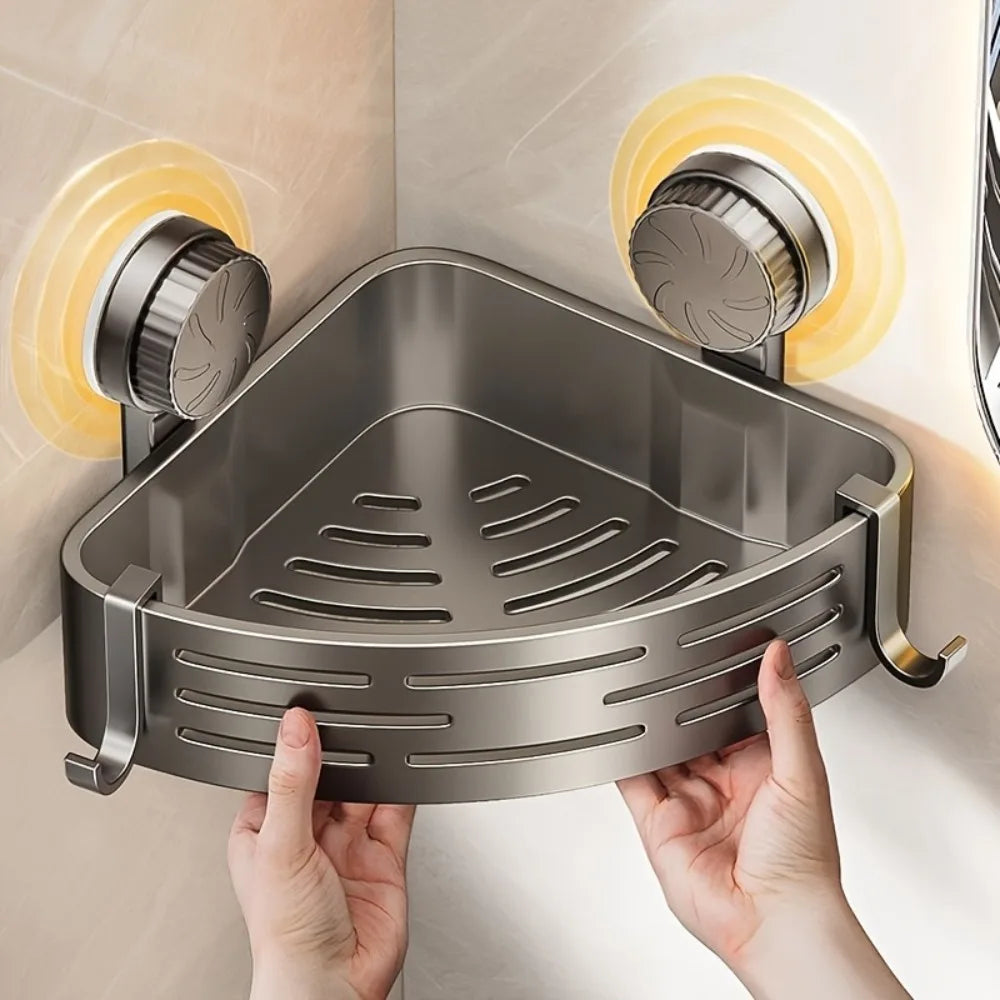 Triangular Space-Saving Suction Cup Bathroom Storage Shelf  No Drilling Required Multifunctional Storage Organizer with Hooks
