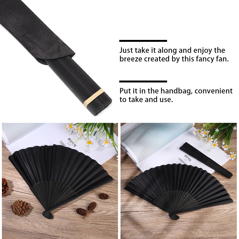 8.27"(21cm) Black Silk Folding Fan Chinese Style Hand Held Bamboo Fans Ribs Home Party Decoration Dance Props Desktop Ornament