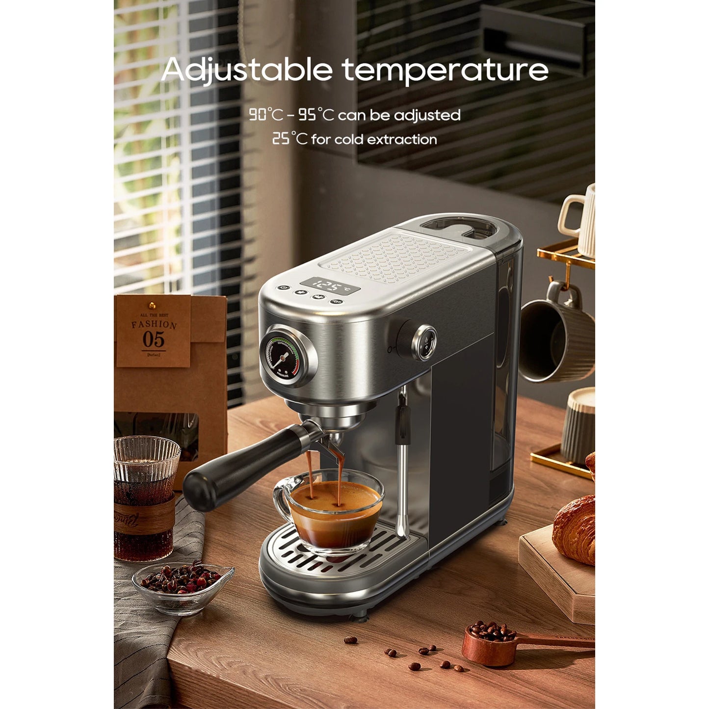 1.3L Coffee Machine Professional Coffee Maker 20 Bar Pressure Stainless Steel Semi Automatic with Digital Display Adjustable