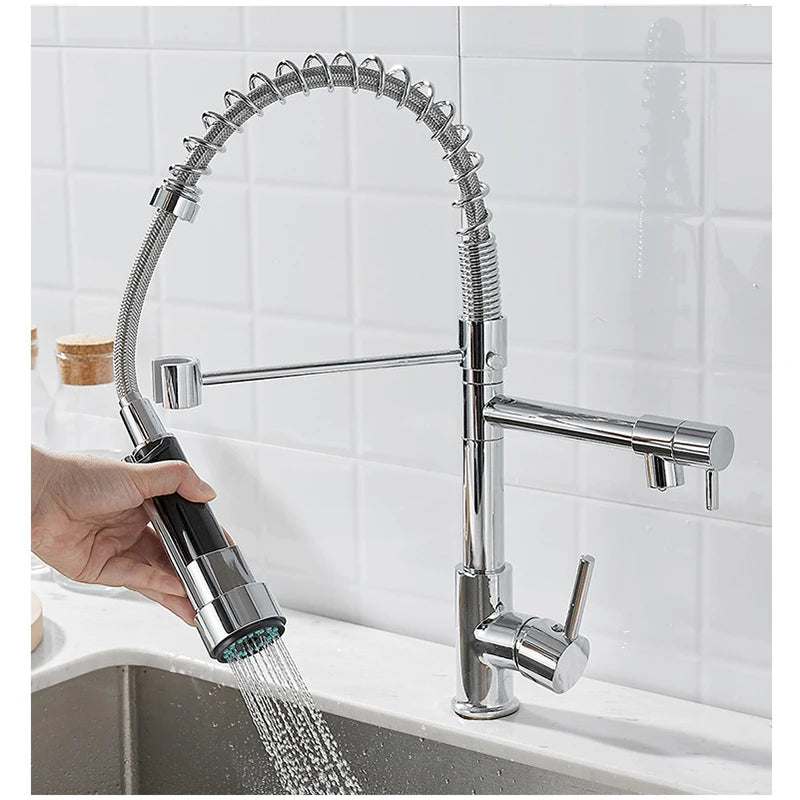 Brass kitchen sink faucet  360 degree rotating spring faucet  Single handle cold and hot mixed water tap