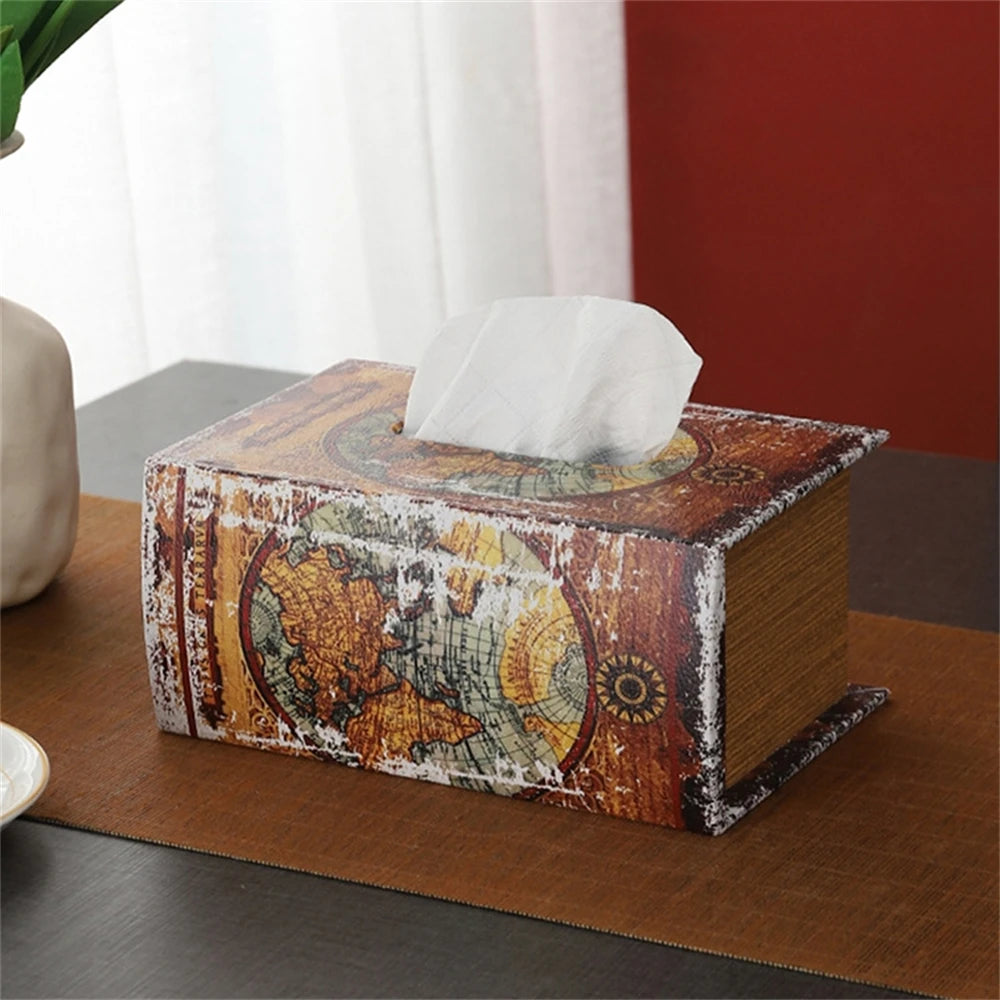 Retro European Simulation Book Tissue Box Wooden Coffee Table Napkin Storage Box Living Room Decoration Leather Tissue Organizer