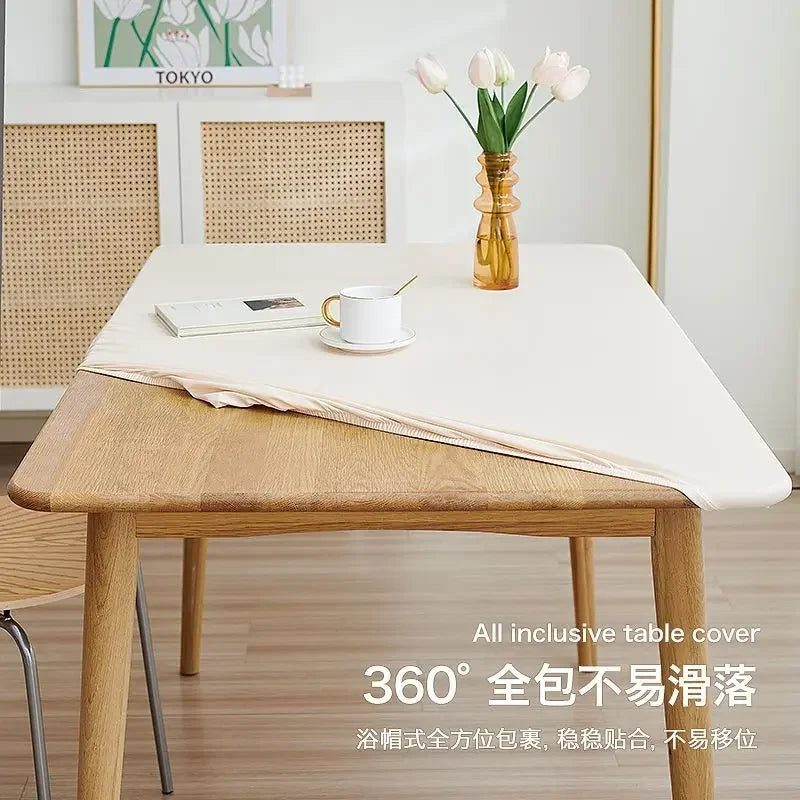 90 x 180cm Leather surface Waterproof Oil-proof Tablecloth Cover for Dining Table Square Surrounded Table Mat Elastic Protection