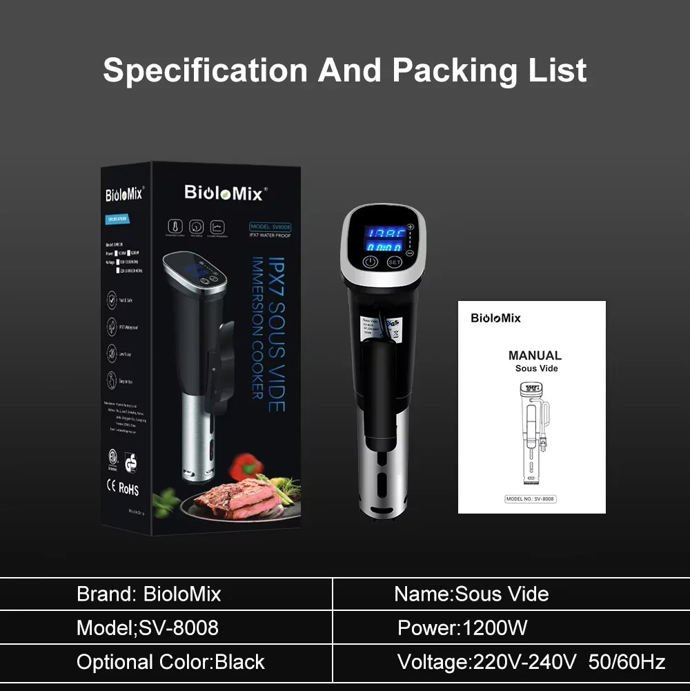 BioloMix 2.55 Generation IPX7 Waterproof Sous Vide Cooker with LED Digital Display for Precise Temperature Control