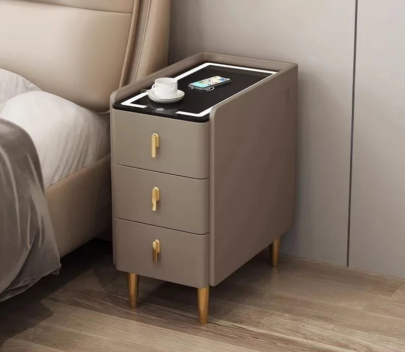 Smart Bedside Table, Solid Wood with Faux Leather Features 3 drawers, wireless charging, and side storage. Stylish and functional nightstand for modern bedrooms.