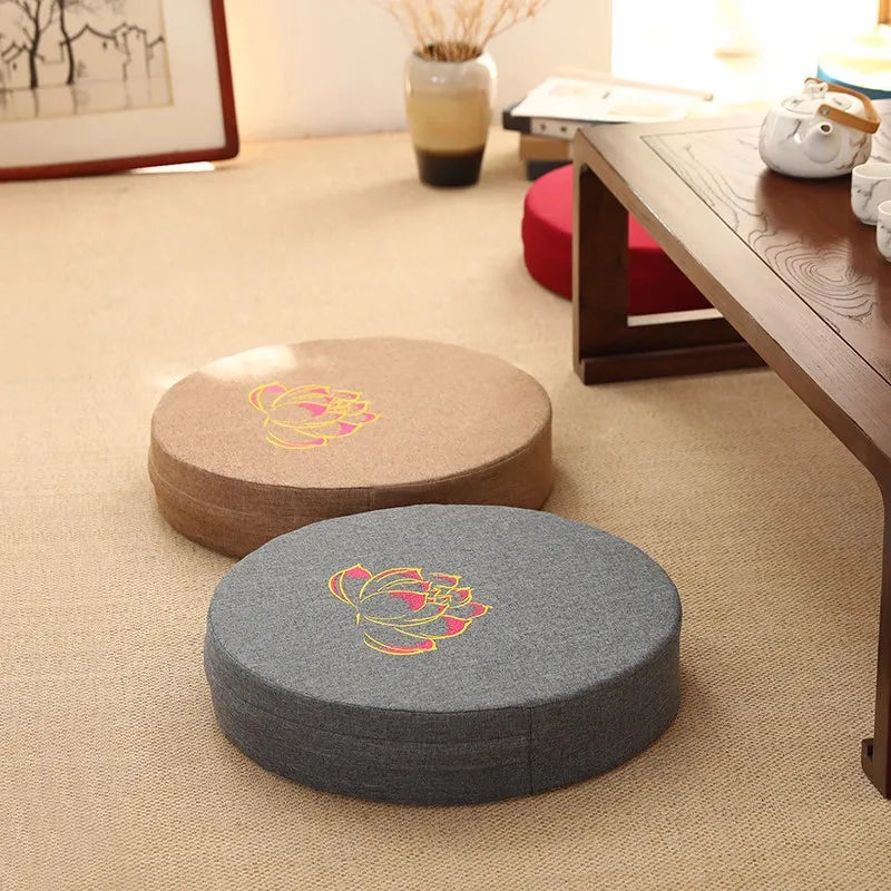 40x6cm Linen Meditation Cushion Round Yoga Floor Pillow Lotus Embroidery Zafu Tatami Seat Pad Removable Cover