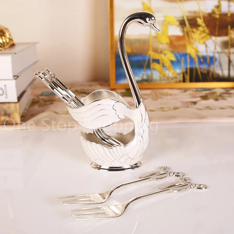 Creative Dinnerware Set Swan Base Holder Decorative Stainless Steel with 6 Spoons for Coffee Fruit Dessert Stirring Mixing