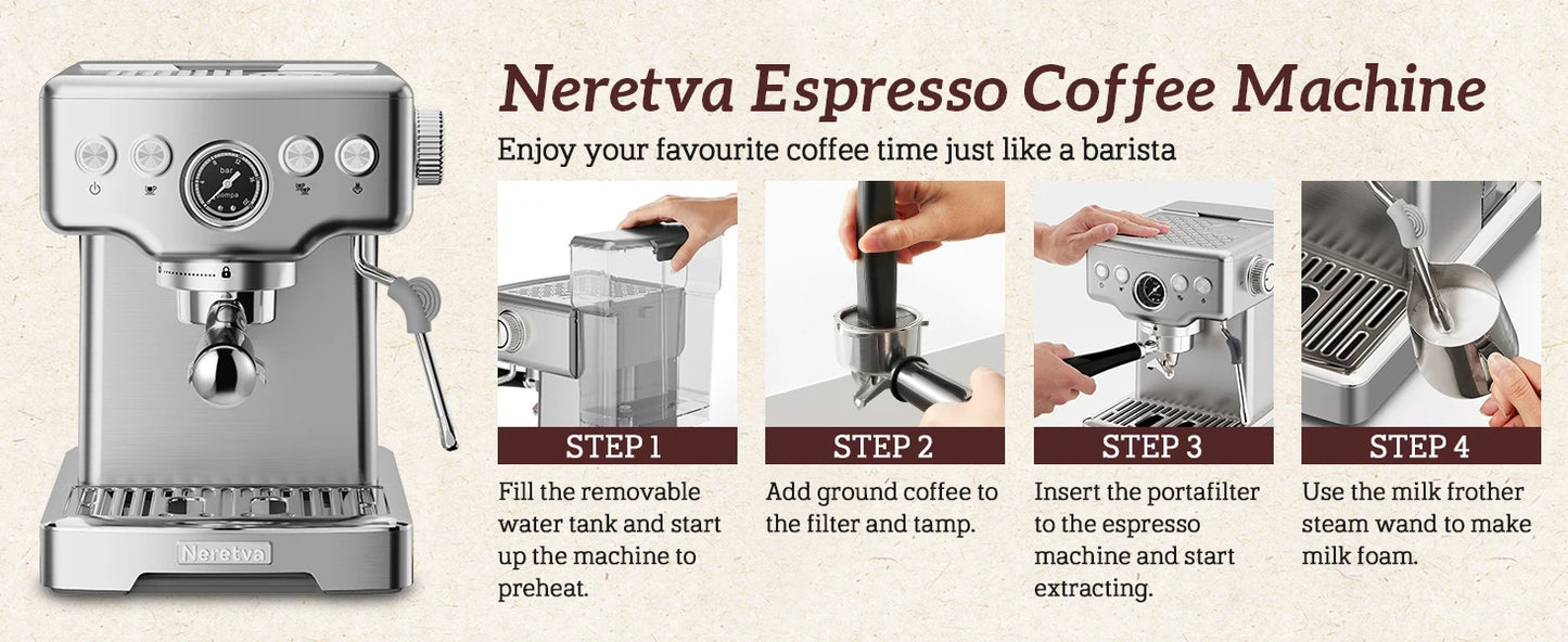 Neretva 15 Bar Espresso Machine with Milk Frother Steam Wand for Cappuccino, Latte, Macchiato, 1450W （220V）