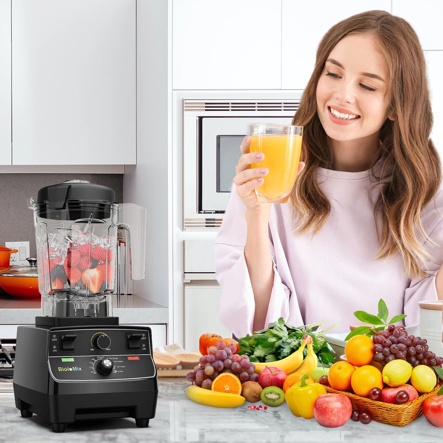 BioloMix 2200W High Power Smart Blender with Pre Programmed Modes 2L Round Jar Perfect for Smoothies Ice Crusher and Food Prep