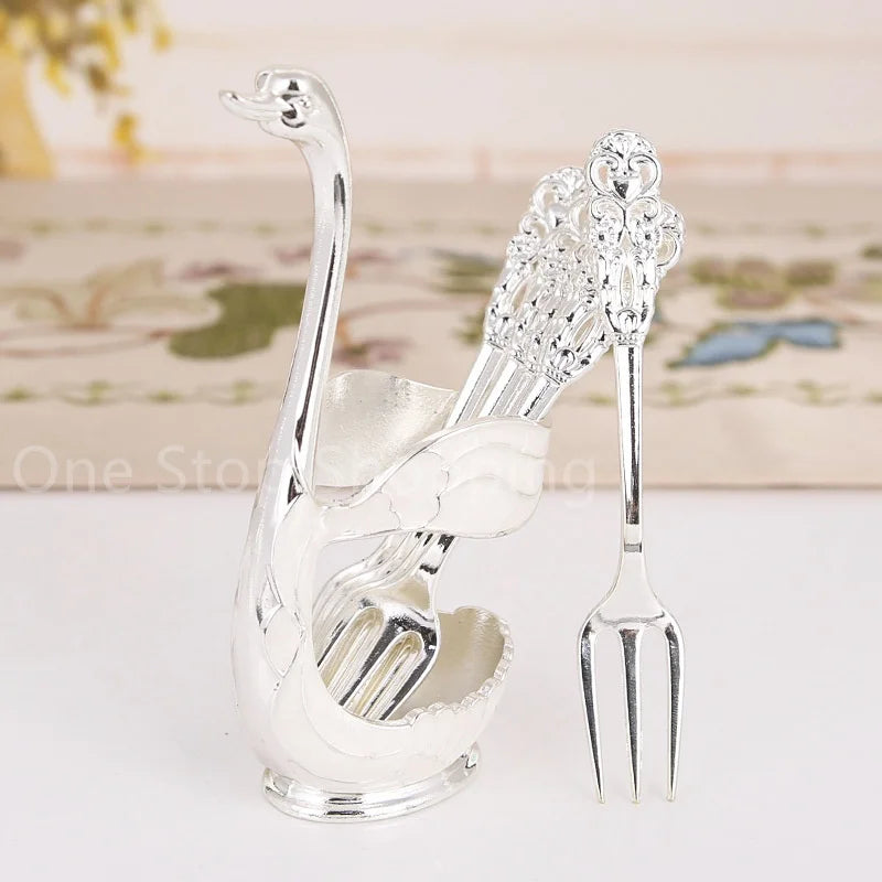 Creative Dinnerware Set Swan Base Holder Decorative Stainless Steel with 6 Spoons for Coffee Fruit Dessert Stirring Mixing