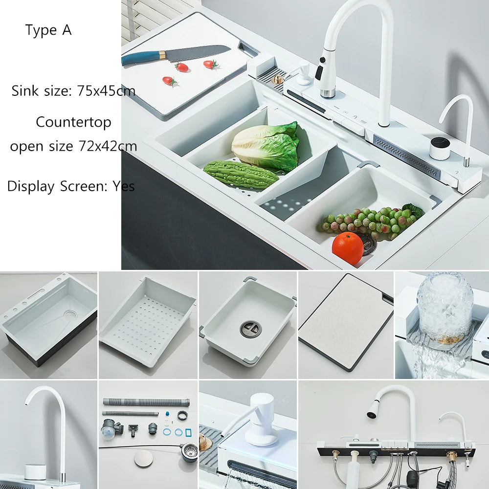 304Stainless Steel Large Single Bowl Waterfall Kitchen Sink with Integrated Digital Display Faucet Soap Dispenser and Cup Washer