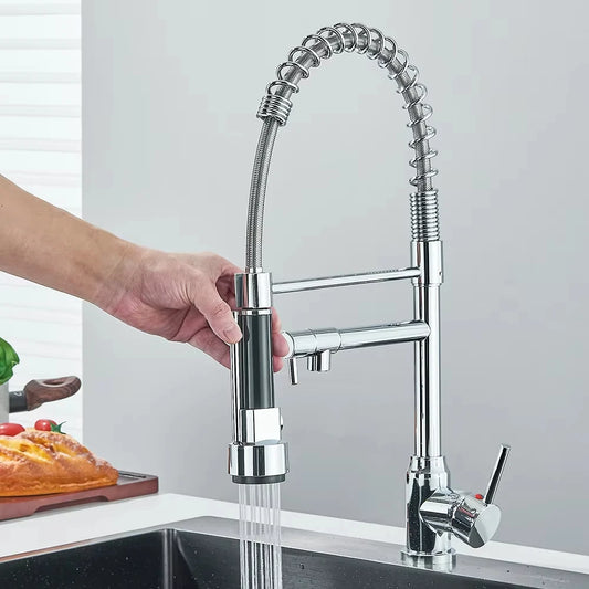 Grifo de cocina extraíble de resorte plateado/negro, mezclador monomando de agua fría y caliente, grifo de doble caño