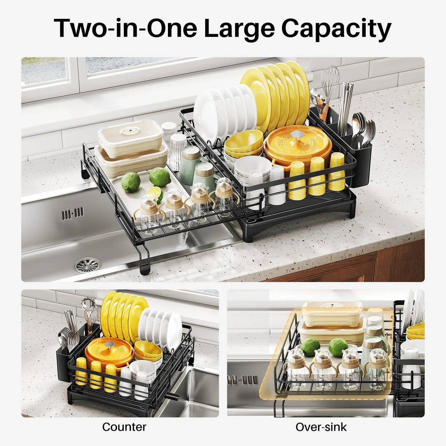 Dish Drying Rack - Extendable Dish Rack, Large Sink Drying Dish Drainer for Kitchen Counter, Stainless Steel Dish Strainer