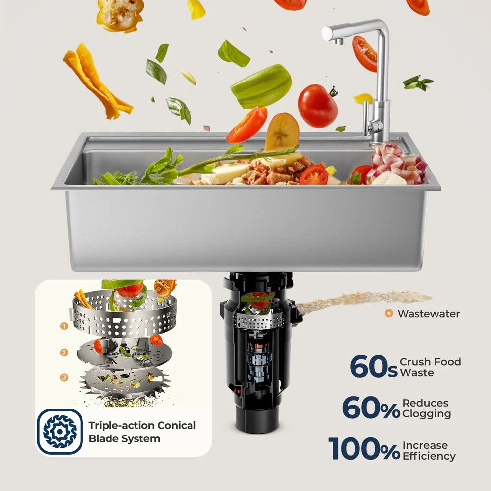 Continuous Feed Garbage Disposal with Sound Reduction,1/2 HP Stainless Steel Food Waste Grinding System,Power Cord Included