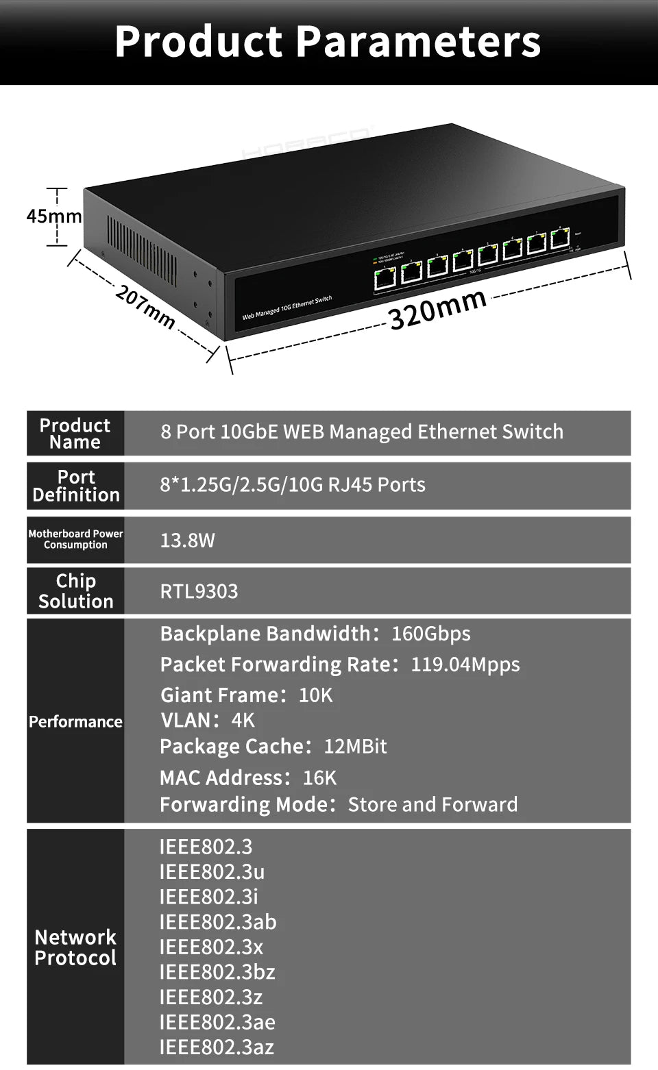 GoodTop 8 Port 10Gb Web Managed Ethernet Switch 10G Network Switch Homelab Network Hub Internet Splitter LACP/VLAN/DHCP Client