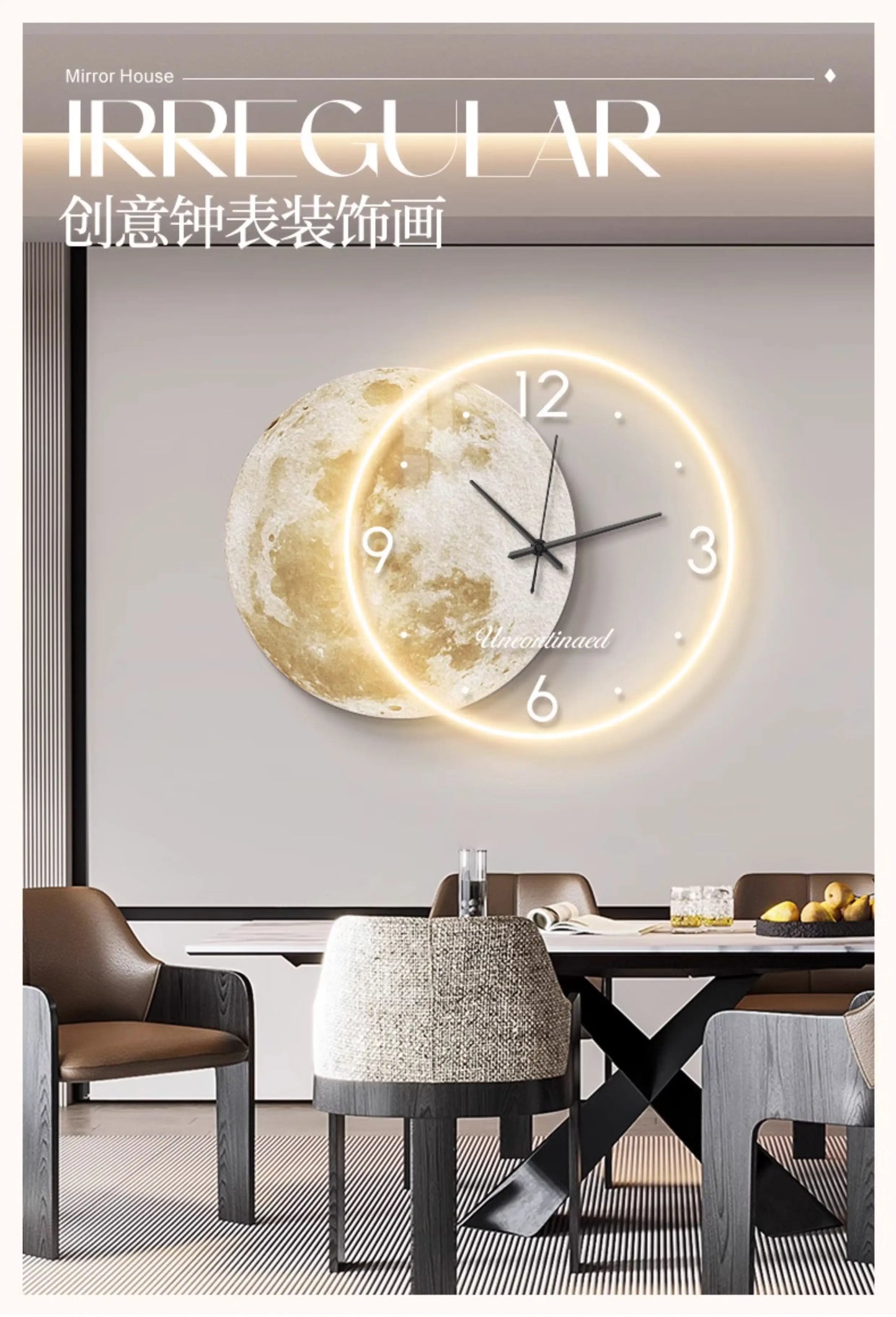Adhesive Moon Wall Clock with LED Light No Drill Silent Modern Night Light for Living Room Dorm Kitchen Decoration
