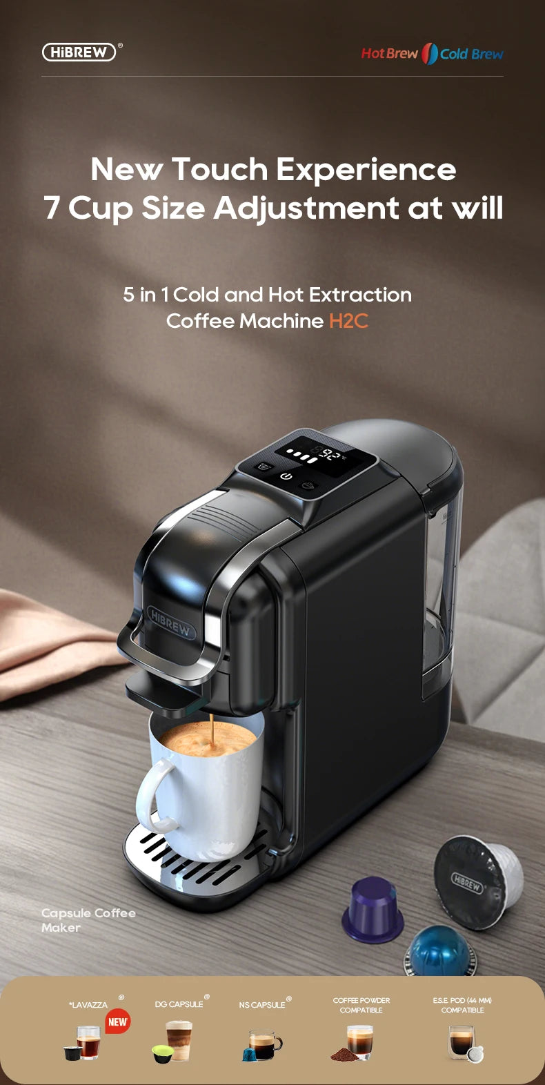 HiBREW 5in1 Capsule Coffee Machine Hot/Cold Espresso Cafetera Cappuccino Coffee Maker Lavaza Dolce Gusto Nespresso Powder H2C