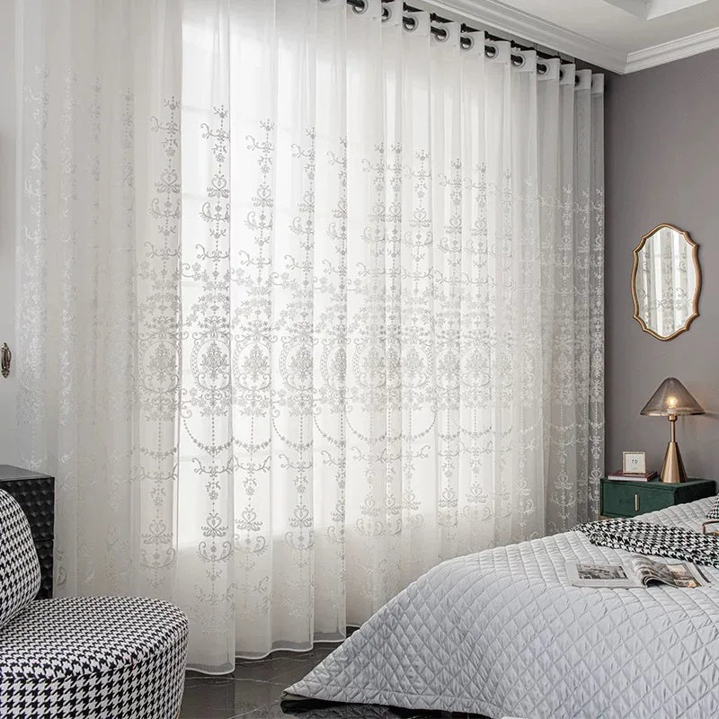 European Embroidery Lace White Sheer Curtain For Living Room Bedroom, Dust-Proof Partition Tulle Curtain,Home Window Curtains
