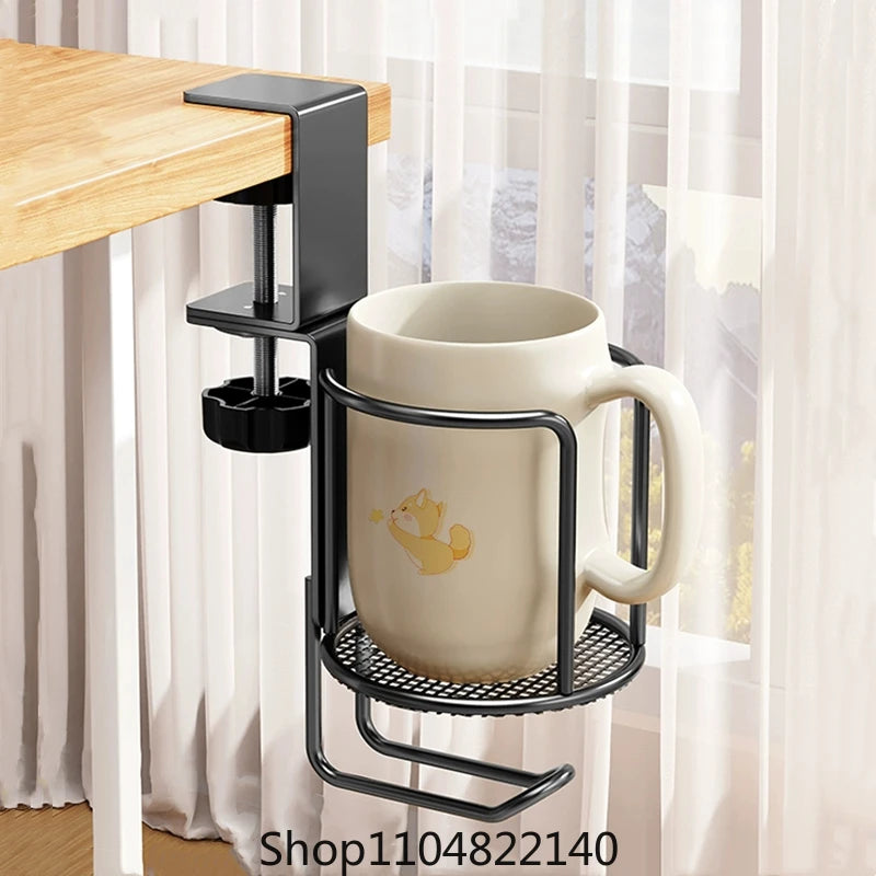 2 in 1 No Drill Desk Cup Holder Adjustable Upgraded Arm Clamp Stand 360 Degree Rotating Table Edge Clamp Anti-Fall Cup Holder