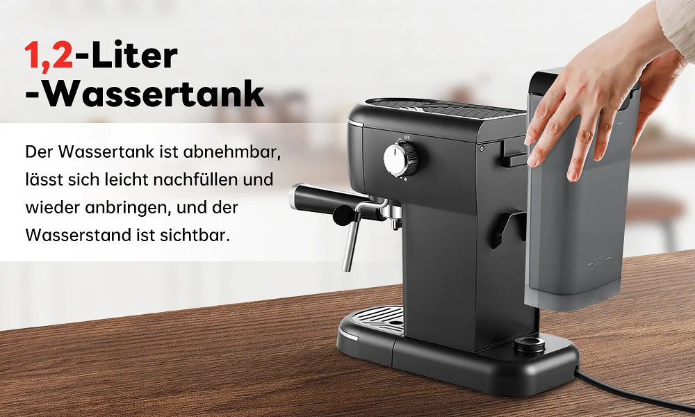 15 Bar 1.2L Removable Tank, Compact Cappuccino/Latte Maker, Stainless Steel, 1100W, Black Espresso Coffee Maker Machine