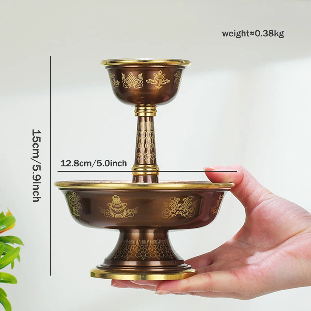 Pure copper Tibetan Tribute guardian cup, Eight-auspicious carved 2-layer Buddhism Holy water cup, Buddhist ornaments, 1 set