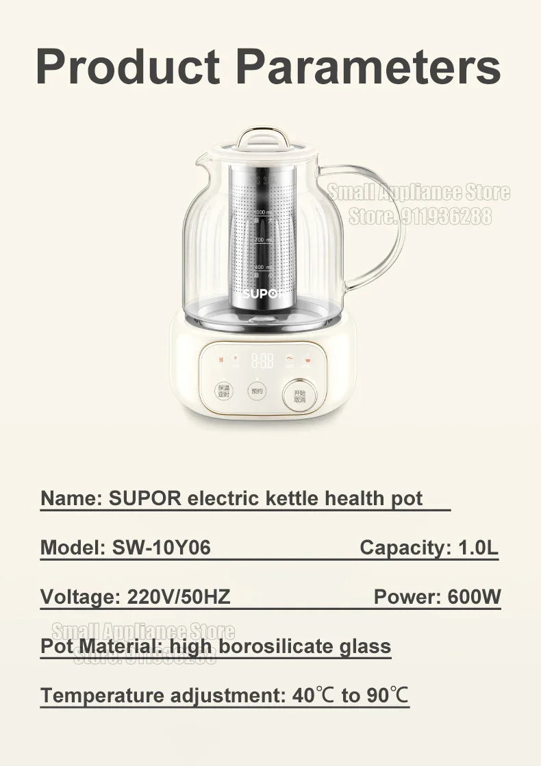 SUPOR 1L Health Pot Glass Electric Kettle 316L Stainless Steel Water Boliler 12H insulation Multifunction Household Teapot 220v