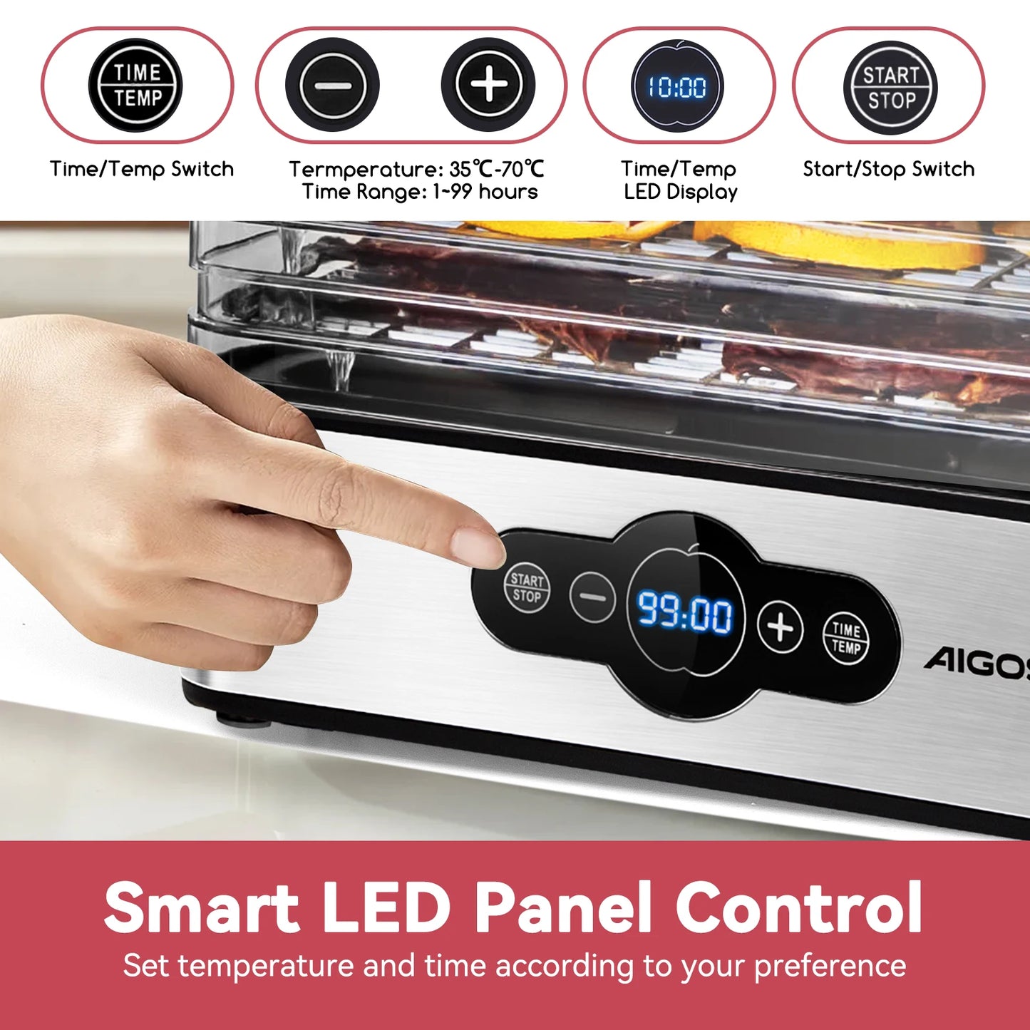 Aigostar Crispy Food Dryer, 240W, 5 Trays, Automatic Drying, Great for Fruits, Meat, Vegetables etc Digital Controls, Manual Tim