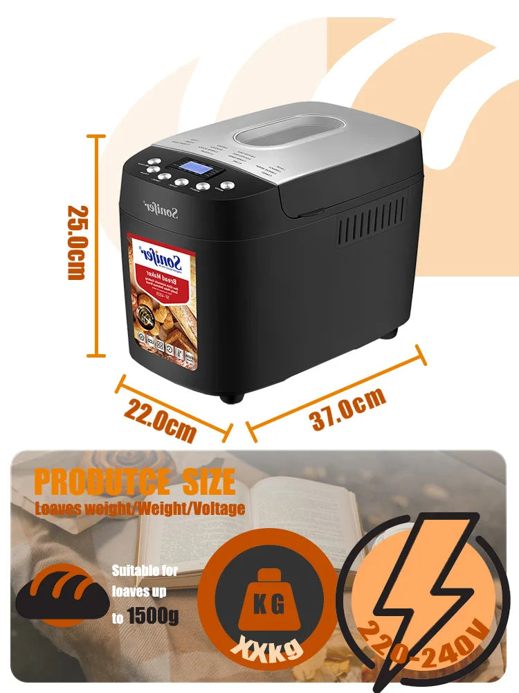 Sonifer 1500g Automatic Bread Maker SF-4025, Dual Kneading Hooks, 15 Programs, 15H Timer, 3 Crust Settings, Keep Warm