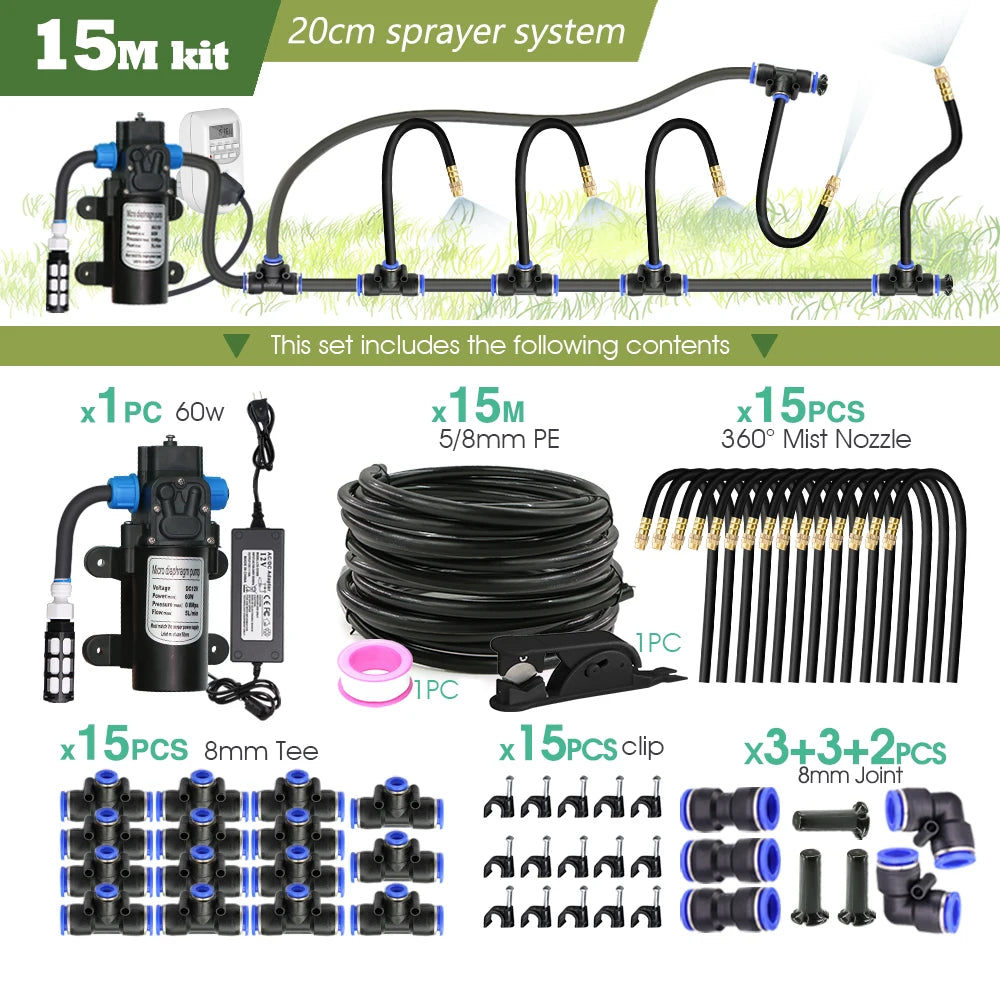 Black 8mm PE Hose 20cm Flexible Nozzle Misting Watering System 45/60/80/100W Self-priming Pump Adjustable Sprayer Kit for Garden