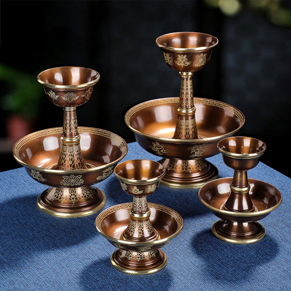 Pure copper Tibetan Tribute guardian cup, Eight-auspicious carved 2-layer Buddhism Holy water cup, Buddhist ornaments, 1 set
