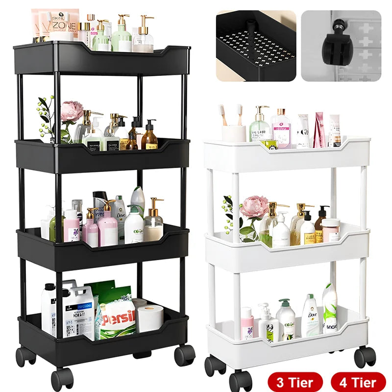 [UK Stock] Multi-Layer Trolley Rack Kitchen Floor Bedroom Organizer Cart Wheeled Bathroom Storage Rack Shelves Kitchen