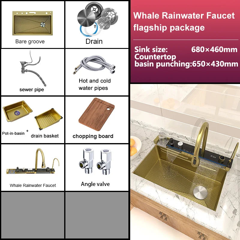Extra Large Stainless Steel Waterfall Kitchen Sink Embossed Single Solt Digital Display Multifunctional Dishwashing Sink