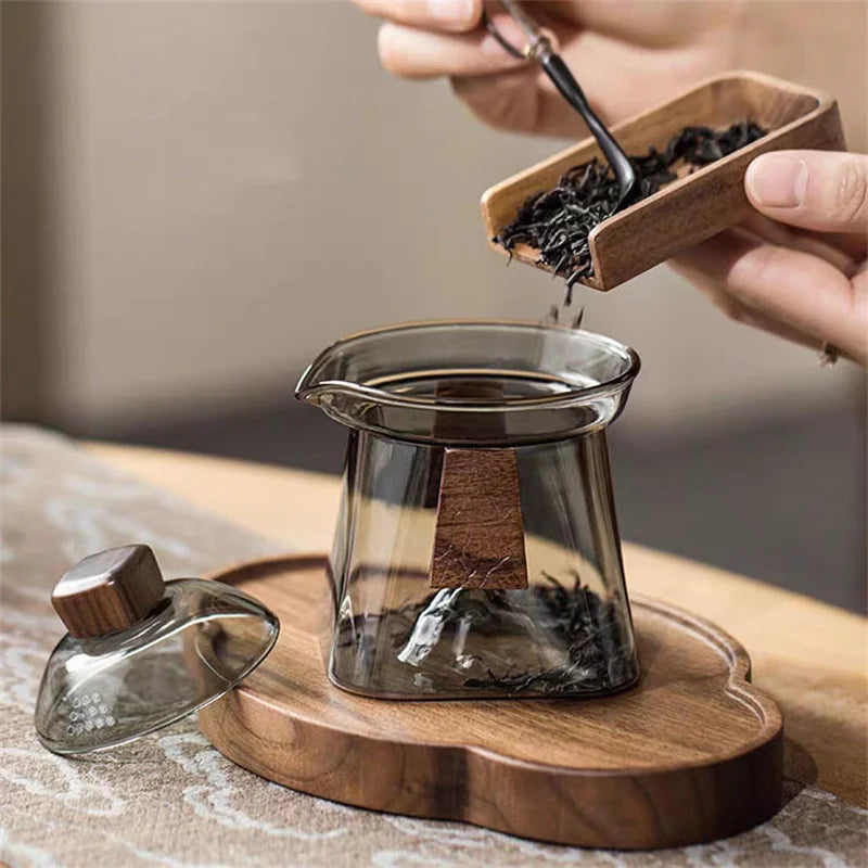 Bottom Mountain View Heat-resistant Glass Gaiwan Tea Tureen With Scald Proof Wood Chips Kung Fu Tea Set Tea Cup and Bowl Teaware