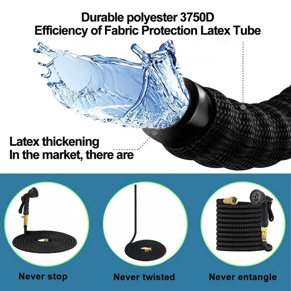 Expandable Garden Hose 25ft–150ft with Nozzle Lightweight, no-kink, durable flexible hose expands when filled, shrinks for easy storage.
Perfect for car washing, garden watering, patio cleaning.