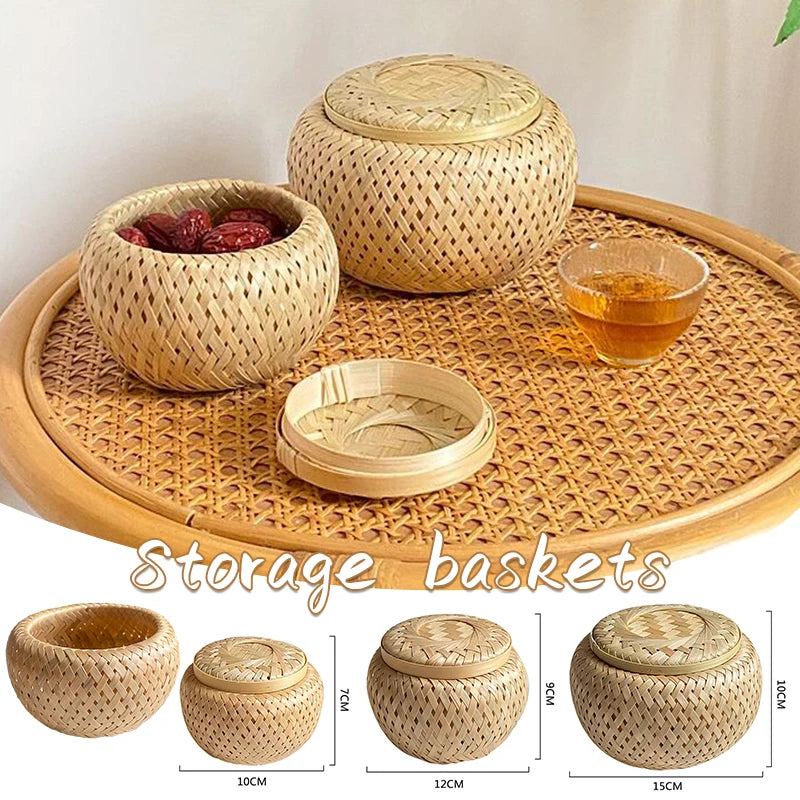 Bamboo Storage Basket With Lid Double Layer Handmade Woven Tea Basket Tabletop Storage Box for Tea Fruit Dried Fruit Snack Food