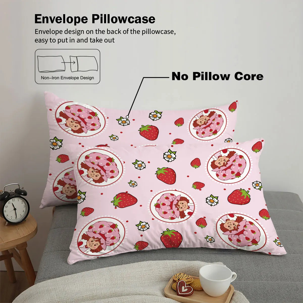 3pcs Pink Strawberry Girl Printed Down Duvet Cover Set, Multi Size Bedroom Bedding Decoration, Machine Washable