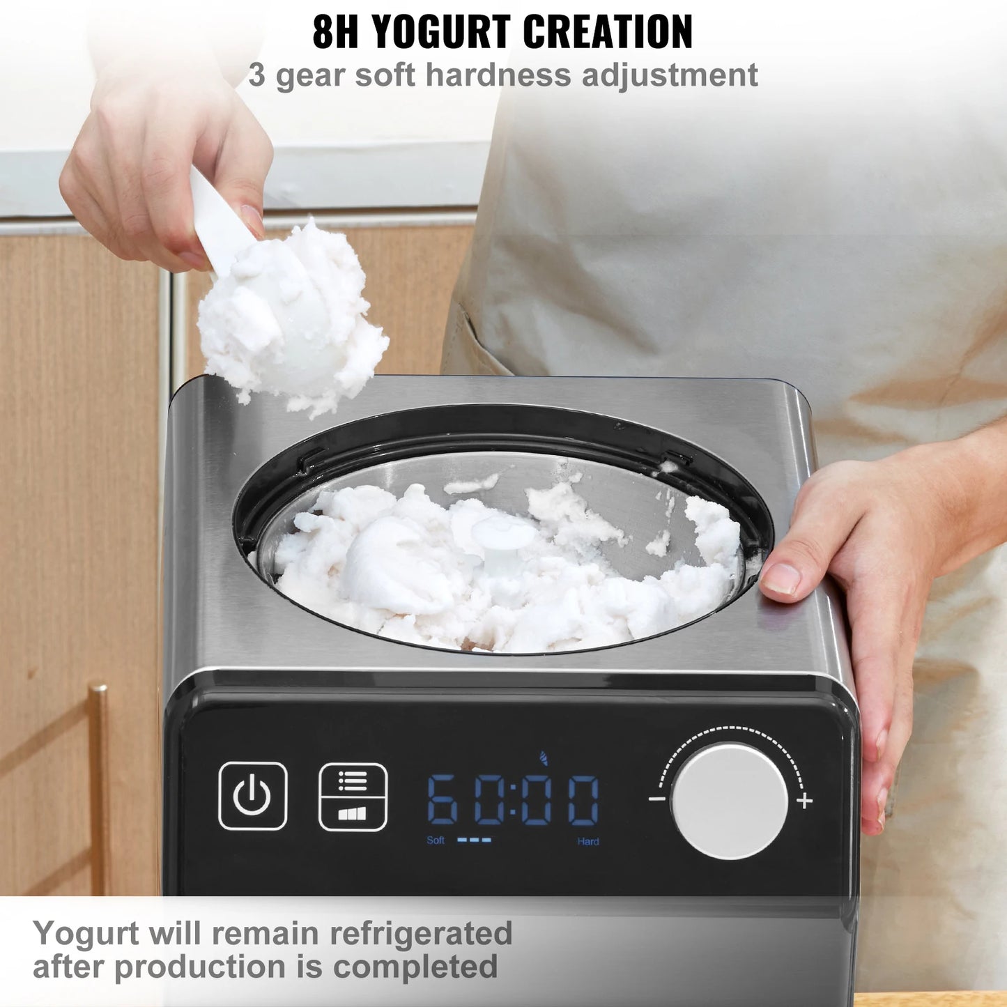 SucceBuy Upright Automatic Ice Cream Maker with Built-in Compressor 2 Quart No Pre-freezing Fruit Yogurt Machine 4 Modes