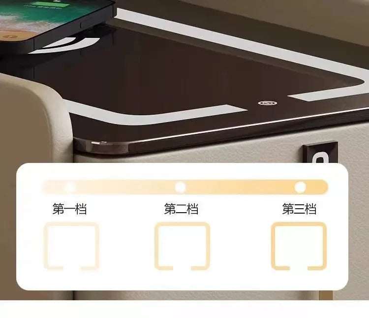Smart Bedside Table, Solid Wood with Faux Leather Features 3 drawers, wireless charging, and side storage. Stylish and functional nightstand for modern bedrooms.
