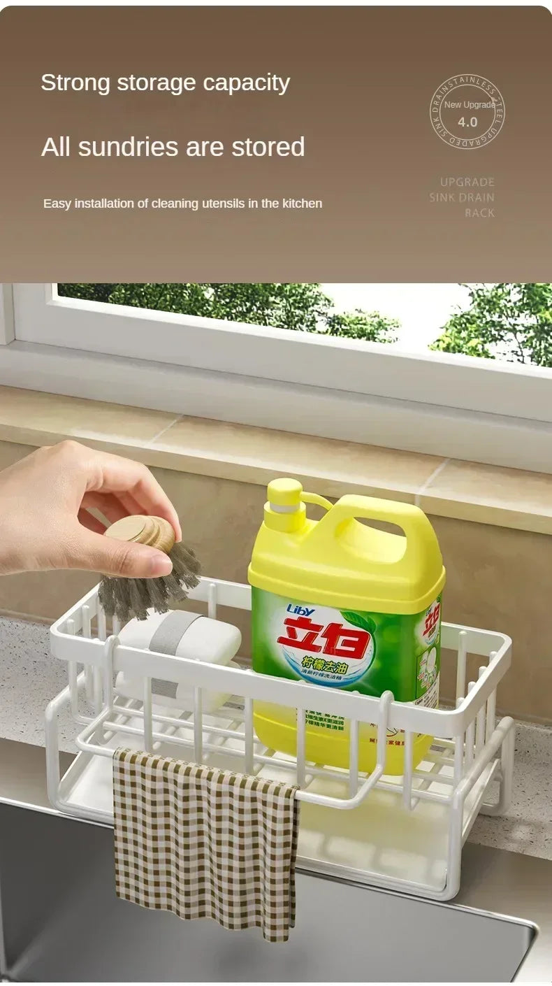 Space Saving Kitchen Sink Dish Rack Sponge Holder Water Drain Basket Countertop Storage Organizer for Cleaning Supplies