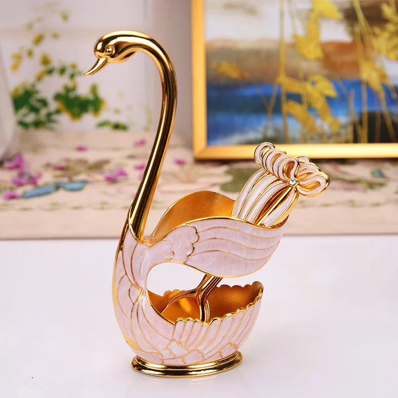 Creative Dinnerware Set Swan Base Holder Decorative Stainless Steel with 6 Spoons for Coffee Fruit Dessert Stirring Mixing