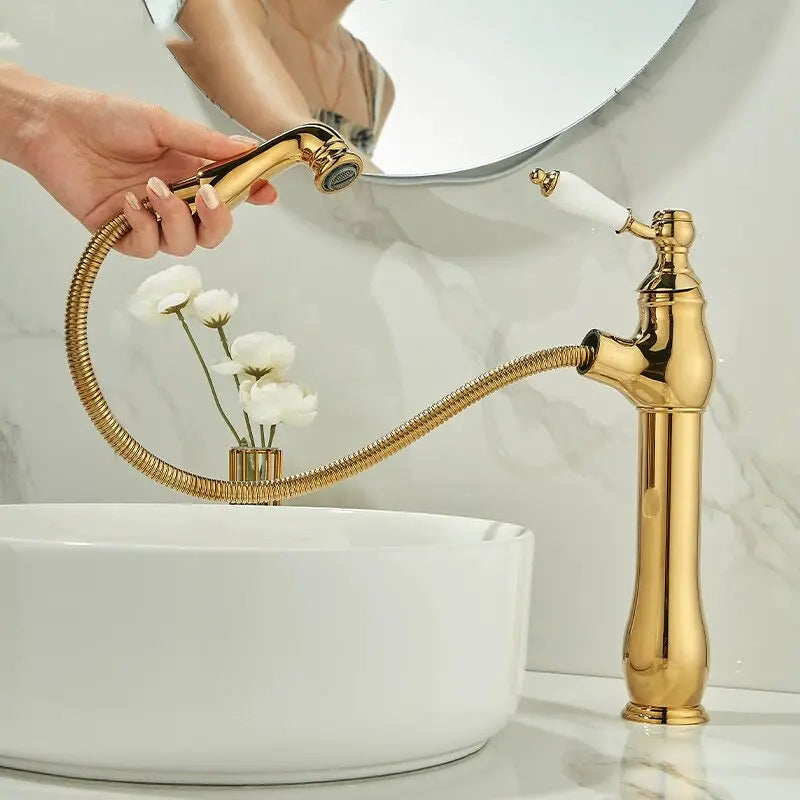 Pull-Out Ceramic Handle Basin Faucet Brass pull-out mixer tap with ceramic handles. Smooth operation, modern design, easy to clean.
Perfect for bathroom sinks, washbasins, or vanities.