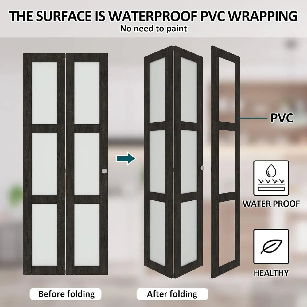 Bi-Fold Doors, for 60"x 80" (Double 30" X 80" Doors) Opening, 3-lite Tempered Frosted Glass Panel,  Bi-Fold Doors