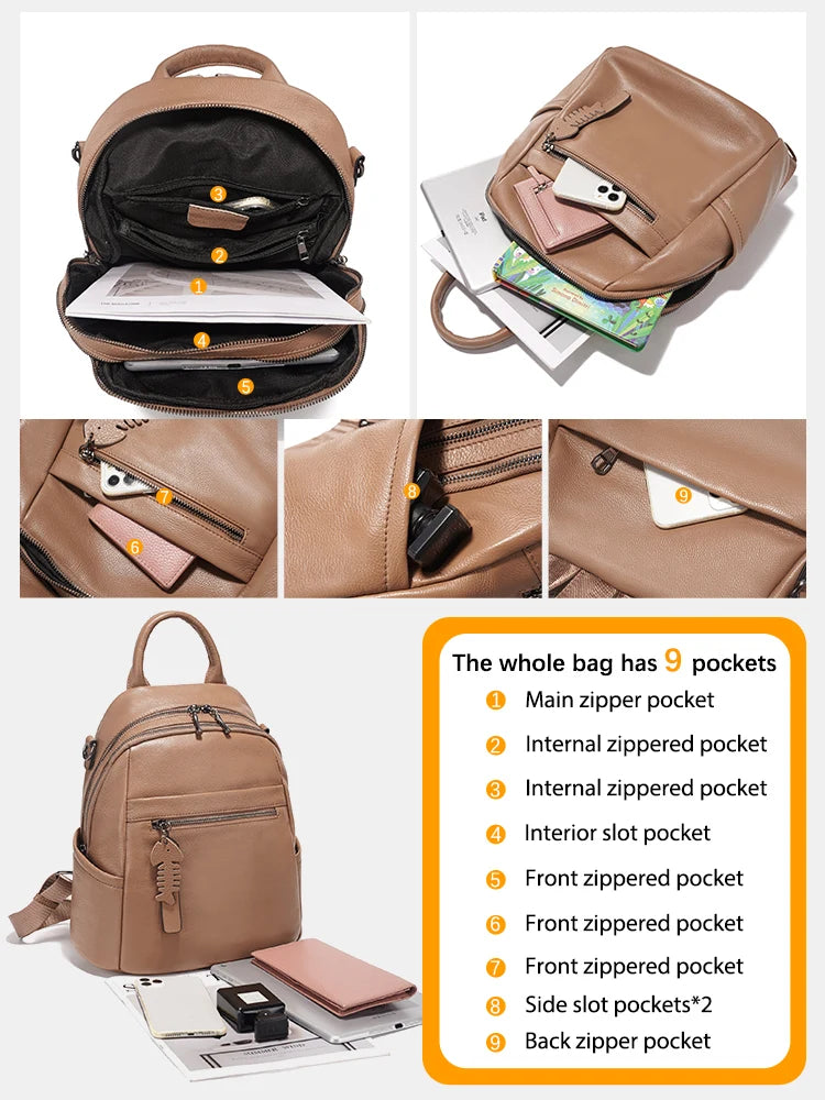 Soft Leather Women’s Backpack Large Capacity Crafted from premium cowhide leather with wide shoulder straps and multiple pockets. Stylish, durable, and perfect for everyday use.