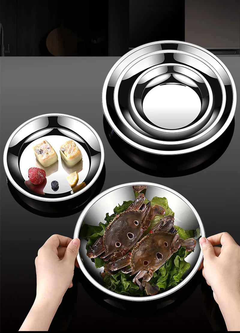 Thick Round 316 Stainless Steel Dinner Plate Food Grade Trays Salad Fruit Meal Pan Kitchen Steak Seafood Flat Cooking Bowls