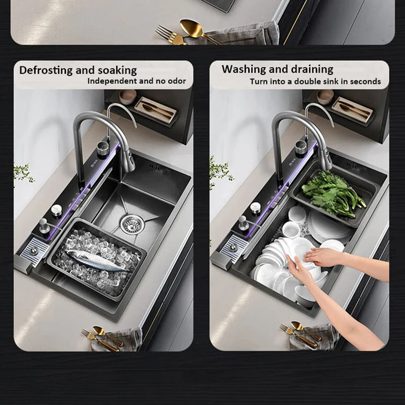 kitchen multifonction sink set whale waterfall faucet 50L large capacity tank size 68x46cm cabinet storage home appliance