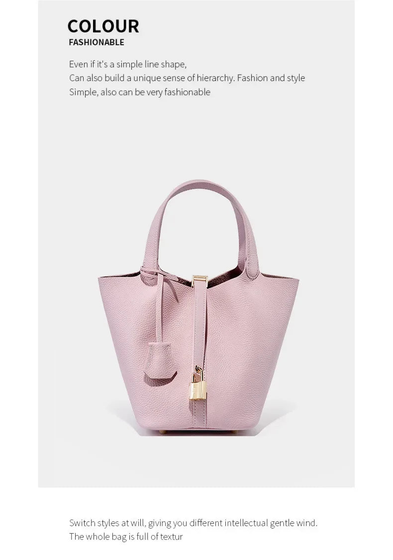 Women’s Leather Bucket Handbag A soft, stylish summer essential featuring a modern basket design with a convenient mobile phone pocket.