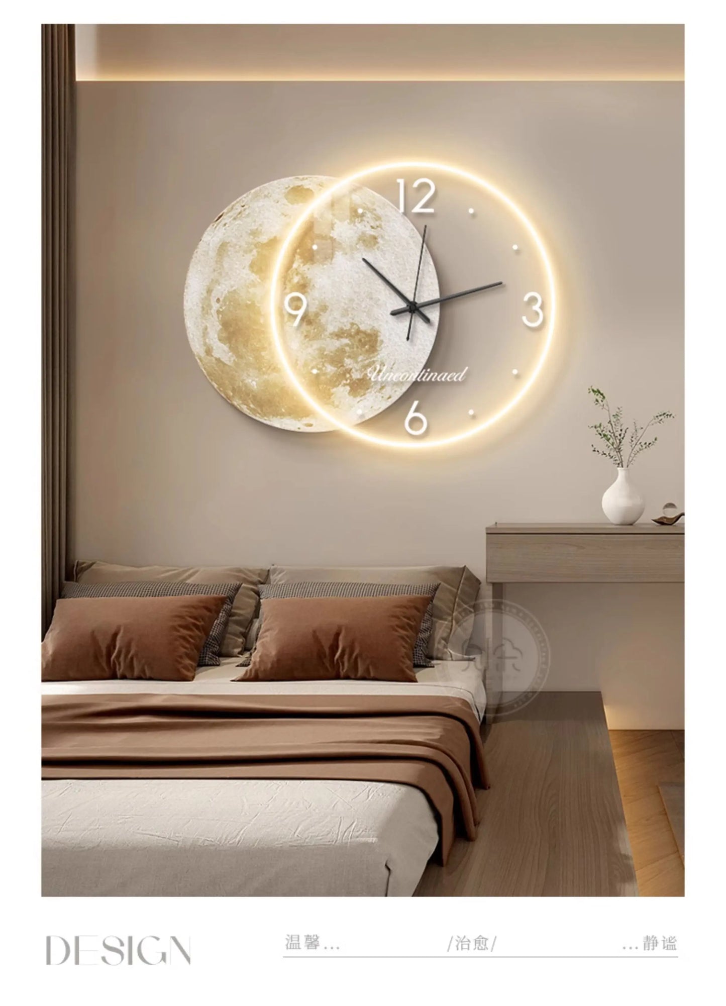Adhesive Moon Wall Clock with LED Light No Drill Silent Modern Night Light for Living Room Dorm Kitchen Decoration