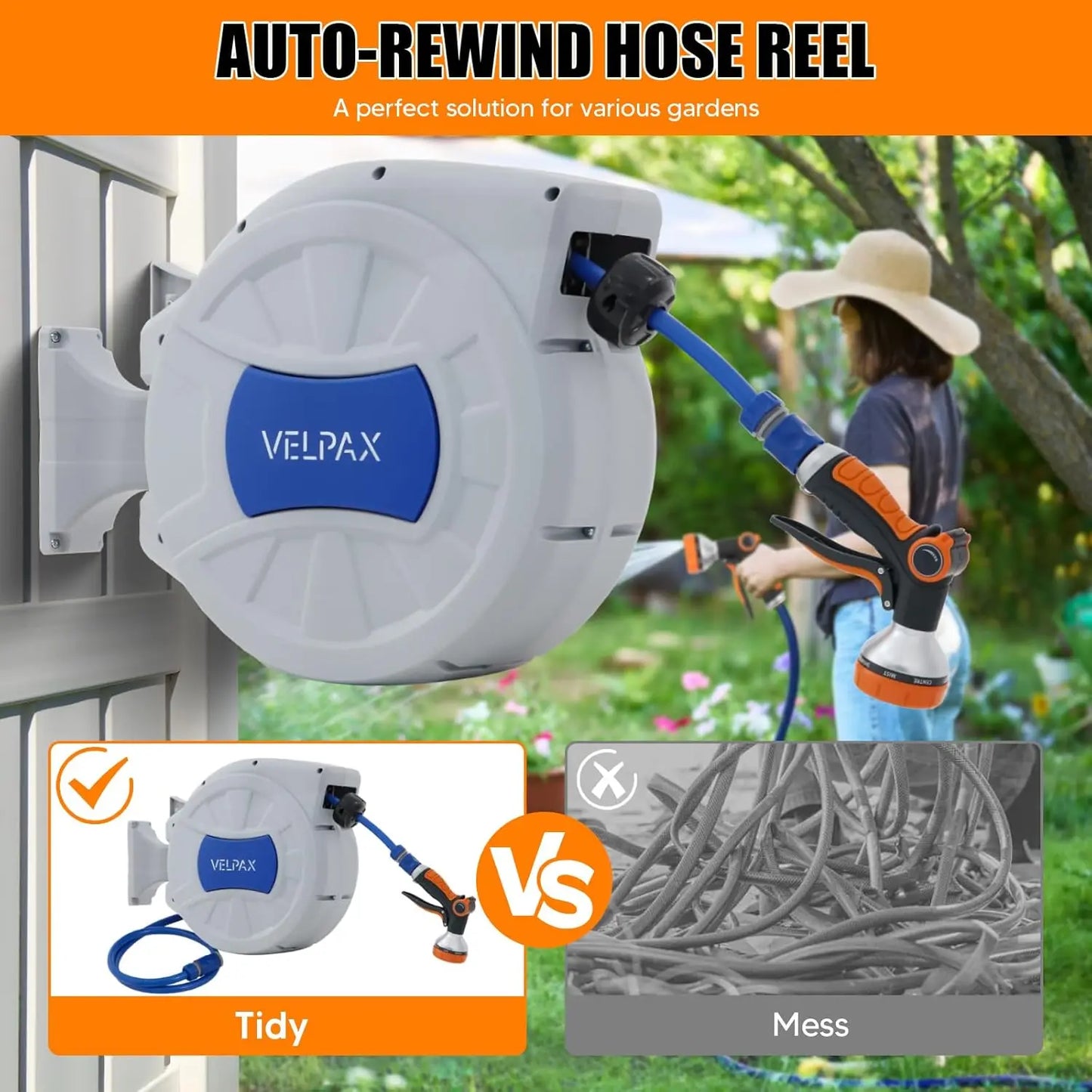 30M Wall-Mounted Garden Hose Reel with 8-Function Spray Gun
Features 180° swivel, 2 nozzle options, and automatic rewind for easy storage and convenient watering.