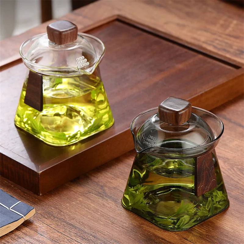 Bottom Mountain View Heat-resistant Glass Gaiwan Tea Tureen With Scald Proof Wood Chips Kung Fu Tea Set Tea Cup and Bowl Teaware