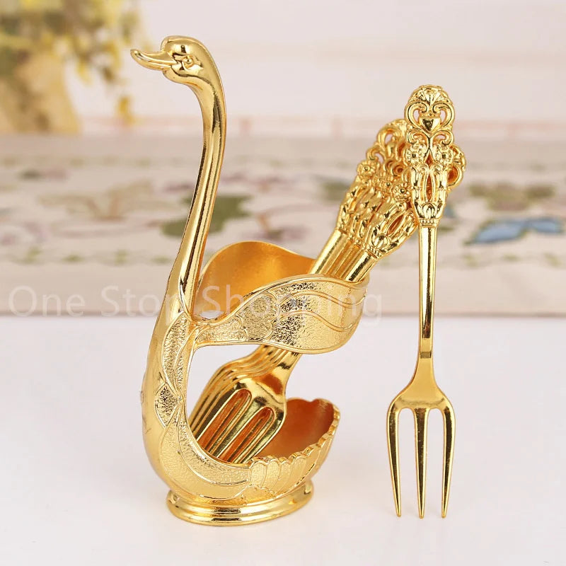 Creative Dinnerware Set Swan Base Holder Decorative Stainless Steel with 6 Spoons for Coffee Fruit Dessert Stirring Mixing